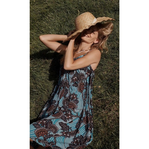 Anthropologie Blue Floral Deja Plisse su dre Dress Wm‎ Sm Orange Tassel Tiess - Picture 1 of 7